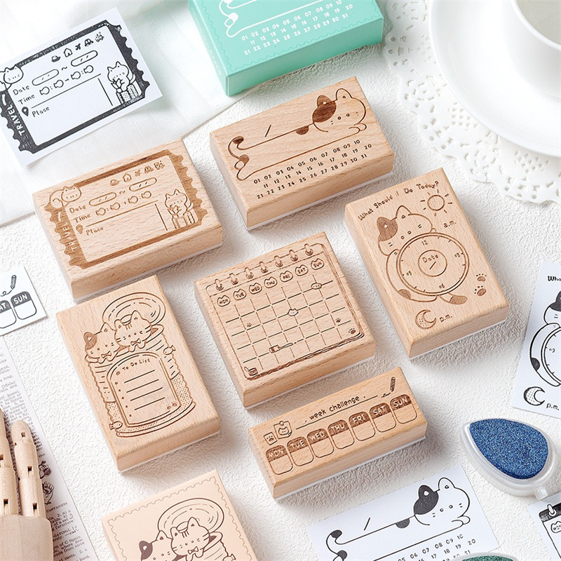 Rubber Date Stamp - Uroczy Kotek Drewniany Stempel Gumowy Kalendarz